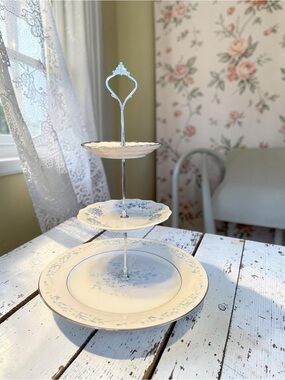 Three-Tier Ceramic Serving Stand in White & Blue Floral Detail & Silver Accents